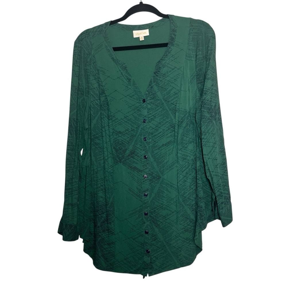ModCloth Top Women's Size 2X Button Front Shirt Green Tie Back Roll Tab Sleeve